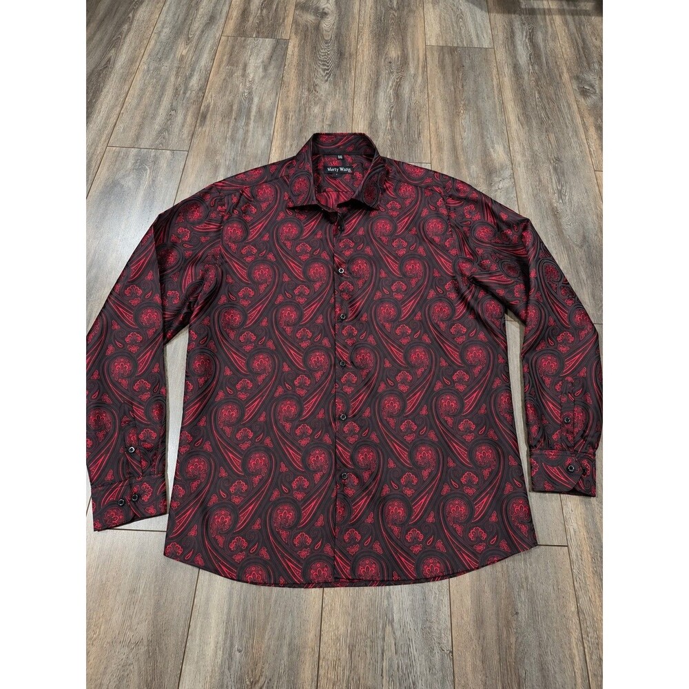 Barry Wang Mens XXL Black Red Paisley Jacquard Long Sleeve Button Up Shirt